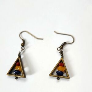 Amber Tone Triangular Silver Earrings with Enamel Inlay
